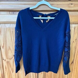 Kobi Halperin Sweater Blue Wool Silk Blend V Neck Lace Sleeves Bow Back Wmn Sm